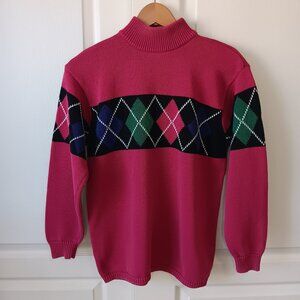 Vintage LizSport Women's Fuchsia Argyle Stripe Mock Neck Cotton Sweater Size SP